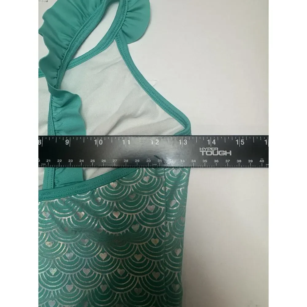 Cat & Jack Girls Plus L One Piece Swimsuit Aqua Silver Scallop NWT UPF 50